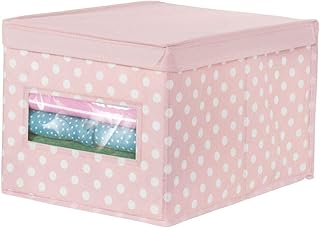 mDesign boîte de rangement en tissu pour vêtements ou chaussures – grand panier de rangement empilable pour armoire, etc. – bac de rangement à motif pois avec couvercle et hublot – rose et blanc