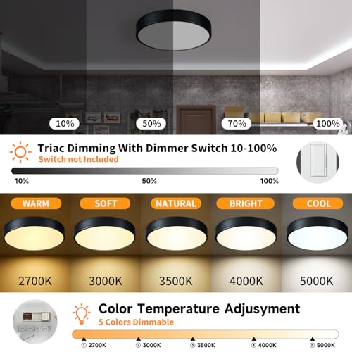 Image of Flush Mount Ceiling Light Black LED Dimmable 5CCT 12 Inch 24W