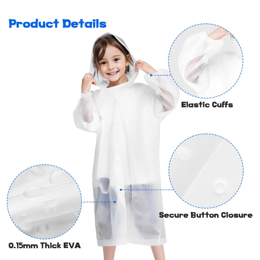 2Pcs Chubasquero Transparente de Niños Reutilizable, Capa Impermeable de Niños Portátil, Poncho de Lluvia de Goma EVA de Niños con 2 Bolsas con Cordón para Niños y Niñas de 5 a 12 años