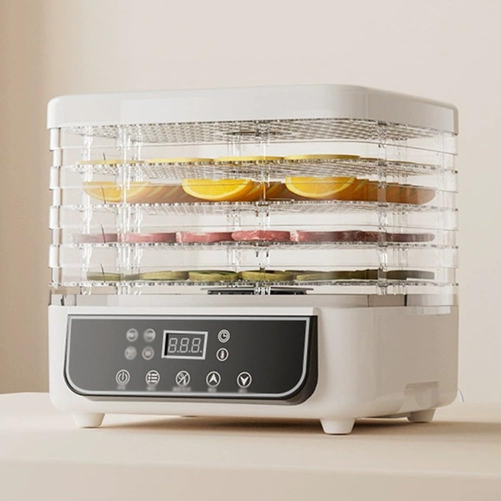 Essiccatore per Alimenti 5 Vassoi: Essiccatore Elettrico con Timer 24h e Controllo Temperatura per Frutta Carne Secca Snack Cani 25x25cm