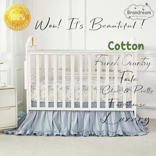 Image of Brandream Baby Crib Sheets for Girls Boys, Fitted Crib Sheet for Standard Crib and Toddler Mattress, Super Soft 100% Cotton Baby Sheet French Country Toile Botanical Grandmillennial Floral Print, Blue