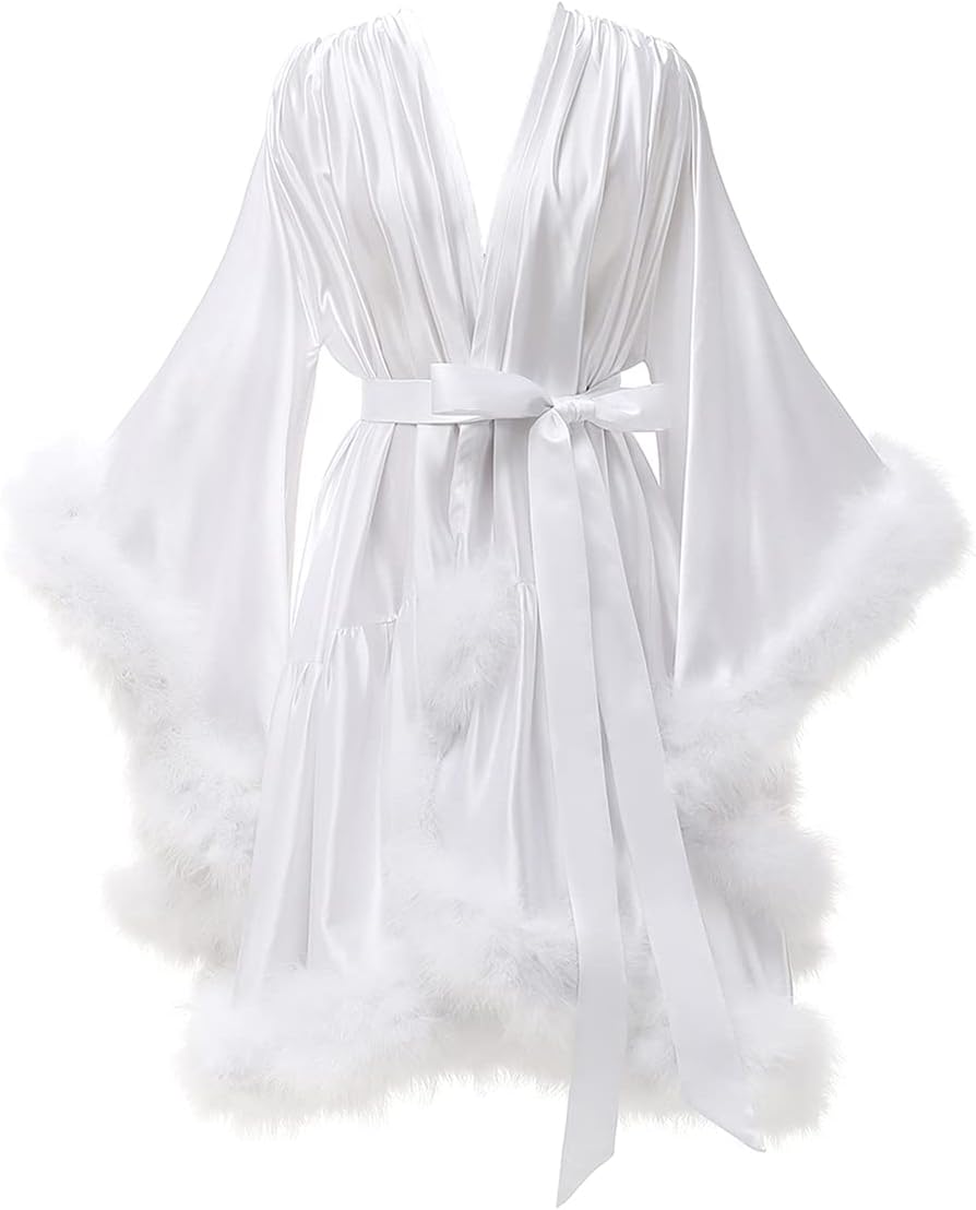 yinyyinhs Feather Robe for Women Silk Satin Bridal Dressing Gowns for Bride Short Fur Lingerie Nightgown Bathrobe Sleepwear White S/M