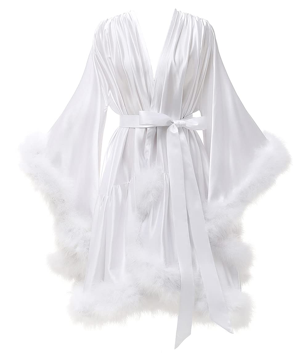 yinyyinhsWomen's Feather Robe Silk Satin Bridal Dressing Gowns Short Nightgown Bathrobe Sleepwear Maternity Photoshoot Robe
