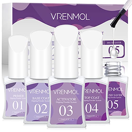 Vrenmol Dip Powder Liquid Set - 5pcs 0.5oz Dipping Powder Nail Essential Set with Primer, Base Coat, Activator, Top Coat and Brush Saver for Dip Powder Nail Art No Needed Nail Lamp