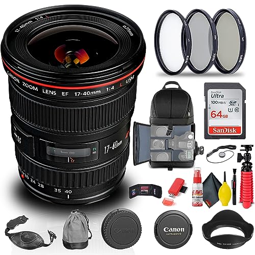 Canon EF 17-40mm f/4L USM Lens (8806A002) + Filter Kit + Backpack + 64GB Card + Card Reader + Flex Tripod + Memory Wallet + Cap Keeper + Cleaning Kit + Hand Strap + More (Renewed)