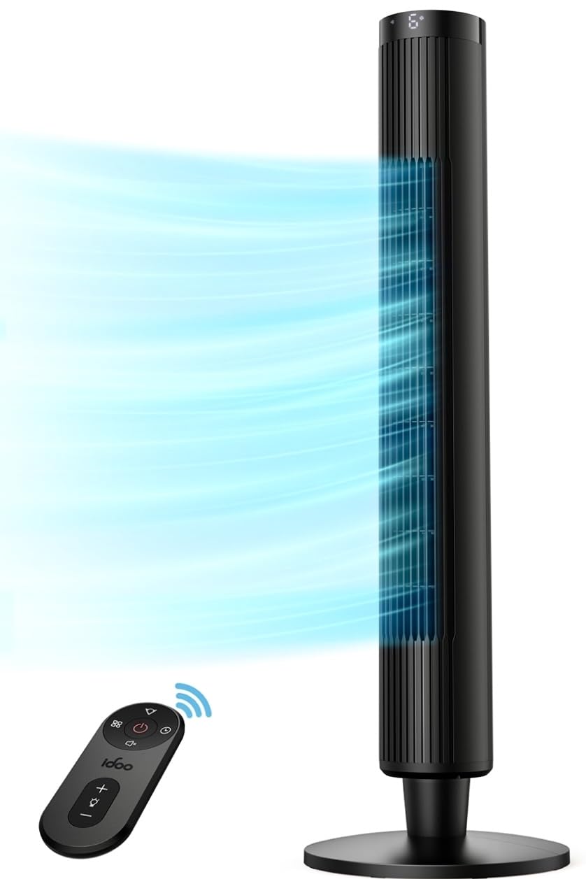 iDOO 41" Tower Fan for Bedroom, Quiet 90° Oscillating Fans with Remote, Bladeless Standing Floor Fan that blow cold air for Dorm & Room, 6 Speed Rotating Pedestal Cooling Fan - Ventilador de Aire Frio
