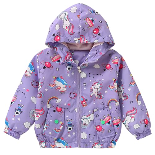 DDSOL Lightweight Hooded Windbreaker for Toddler Girls - Cartoon Print Unicorn and Owl Zip Jacket for Spring/Fall (Ages 2-8)