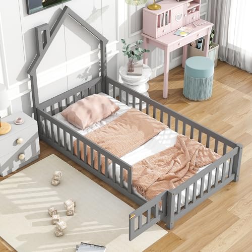 Twin-House-Shaped-Headboard-Floor-Bed-with-FenceGrey Twin House Shaped Headboard Floor Bed with FenceGrey