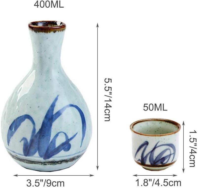 5 Piece Sake Set Japanese Wine Glasses Set 14 oz Blue Smooth Glaze Ceramic Cups for Cold/Warm/Shochu/Tea Best Gift for Family and Friends-Tea Service