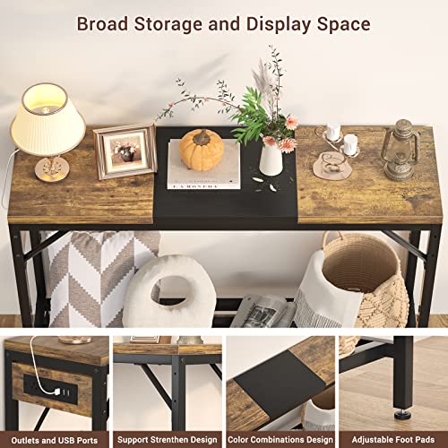Narrow Console Table With Power Strips, Sofa Table With Storage Shelves For Living Room, 2-Tier Foyer Tables For Entryway, Hallway, Behind Couch, Kitchen Counter, 39'', Rustic & Black #TOP4
