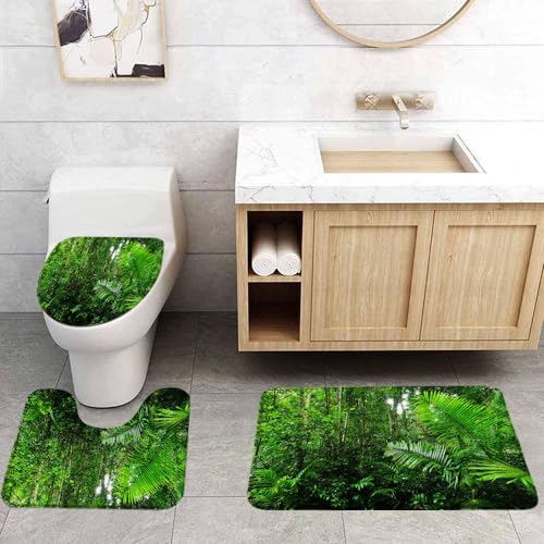 Tropical Rainforest 3 Pcs Bath Rugs Set,Green Palm Leaves Jungle Plnat Nature Landscape Lush Tree Forest Botanical Bathroom Kitchen Rug with 16