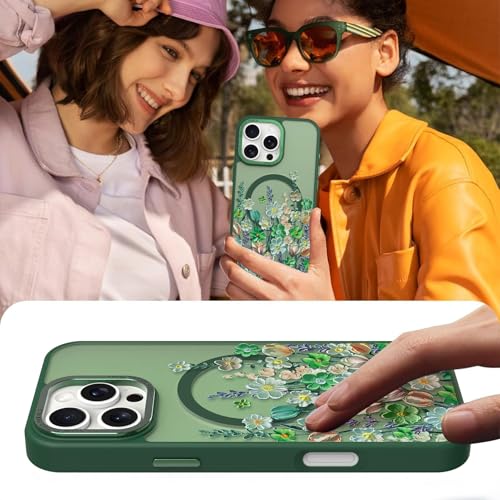 Image of Magnetic for iPhone 16 Pro Max Case with for Women, Green Floral | Pretty Oil Painting Flower Pattern Design [Compatible with MagSafe] Shockproof Slim Translucent Matte Non-Slip Cover