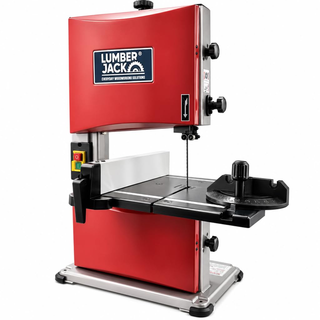 Lumber Jack Red Lumberjack Bandsaw, Band Saw 200Mm With 45° Table Tilt Woodwork For Pro Cuts, Portable Bench Saw For Woodworking, Crafting And Diy Workshop, Dust Extraction Port, 300W, 240V,