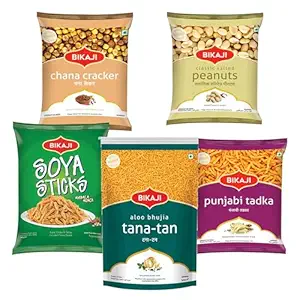 Bikaji Snacks Combo – SOYA STICKS & SALTED PEANUT & TANA-TAN (Aloo Bhujia) & PUNJABI TADKA & ROASTED CHANA CRACKER | 5 Pack Variety | Bar Snacks, Party Mix & Tea-Time Treats – 1 Kg