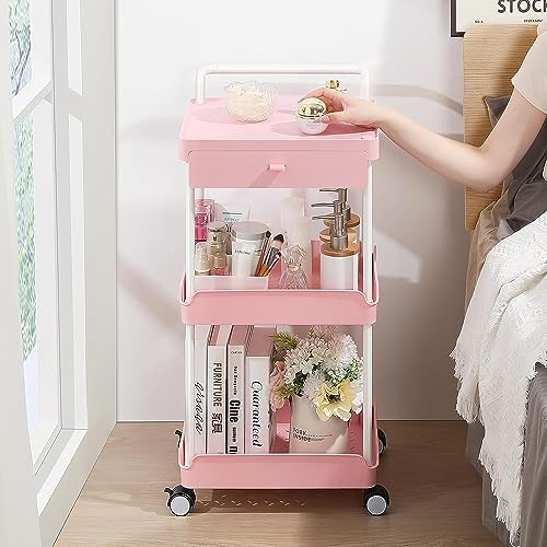 APEXCHASER Rolling Storage Cart with Drawer & Table Top, 3 Tier Rolling Utility Cart, Rolling Cart Organizer for Teacher Craft Baby Nursery, Utility Cart for Kitchen Bathroom Bedside Office(Pink)