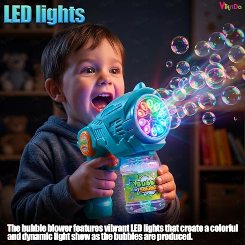 Image of VikriDA Bubble Gun Machine for Kids 4-8 | Automatic Bubble Blasters with Refill Solution Bottles | Outdoor Summer Toy for Parties & Play - Blue