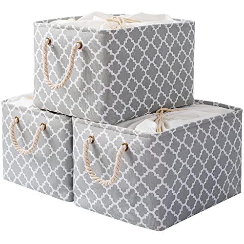 OUTBROS Lot de 3 Grand Paniers de Rangement Pliables, 42 x 32 x 26 cm Boîtes de Rangement en Tissu, Organisateur de vêtements, Bacs à Jouets, avec cordon de serrage et 2 poignées, Lanterne/Gris