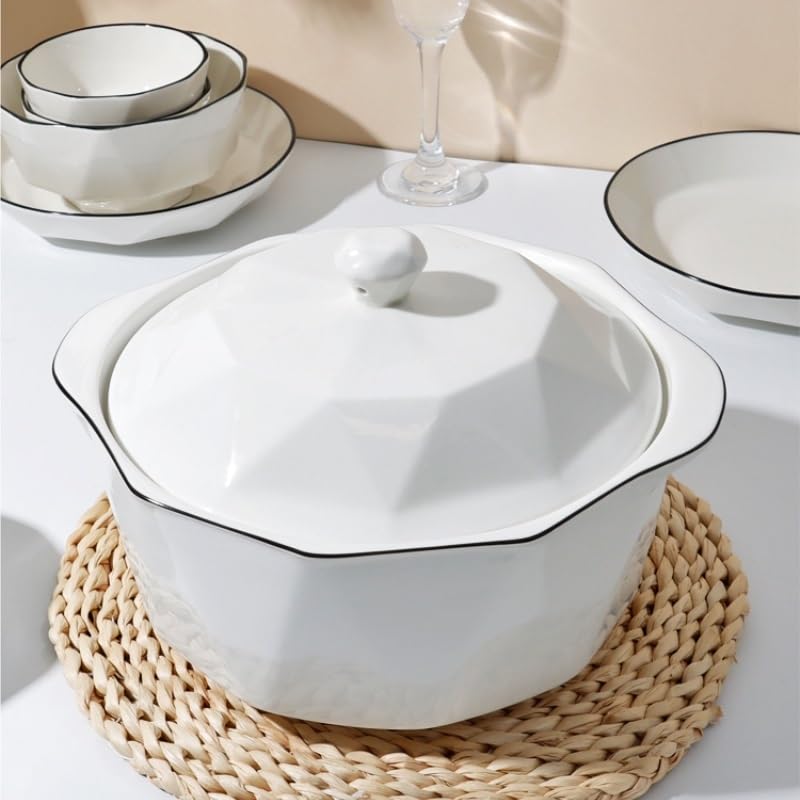 Miski do zupy z podwójnym uchwytem miska na zupę z pokrywką domowa ceramiczna miska na makaron instant biała miska kuchenna nadaje się do płatków śniadaniowych, zupy, makaronu obiadowego