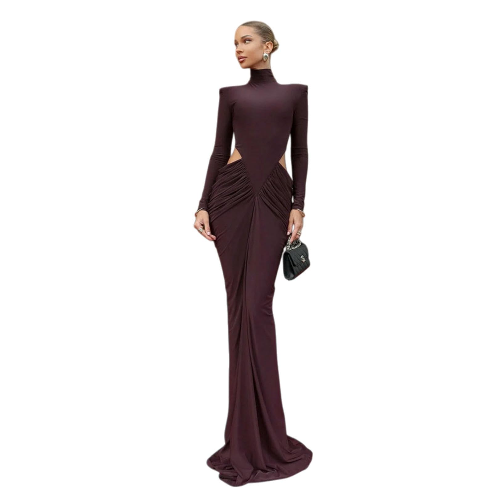 Vestito Brown Cutout Bodycon Maxi Abito per Le Donne - Manica Lunga Ruched Spalla Pad da Sera Festa-Brown-s