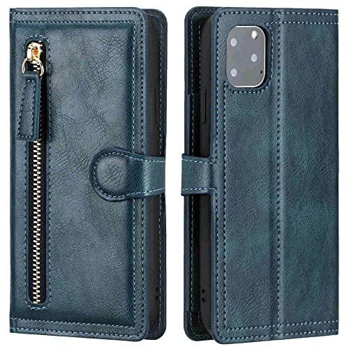 Étui Portefeuille Cuir iPhone 13 Mini Bleu Housse Support Porte-Cartes avec Zip