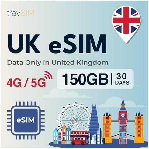 travSIM UK eSIM | 150GB Data Plan Only | 4G/5G Speeds | Works Throughout the UK | eSIM for UK is Valid for 30 Days