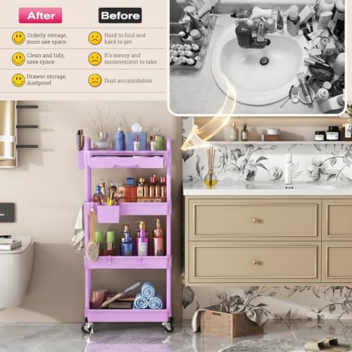 Image of Goovilla Rolling Makeup Organizer Cart with Removable Drawer, 4 Tier Stable Purple Floor Skincare Storage Cart for Vanity, Cosmetic Display, Nail Polish, Perfume, Hair Stuff, Beauty, Bathroom(Plastic)