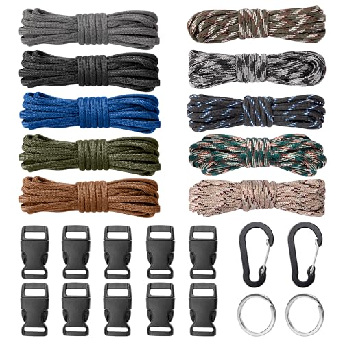 AYMQC Kit Combinati Paracord Corda Paracord 550 Tipo Corde di Sopravvivenza Kit di Creazione di Braccialetti Fai da Te con 10 Fibbie a Sgancio 2 Moschettoni 2 Portachiavi