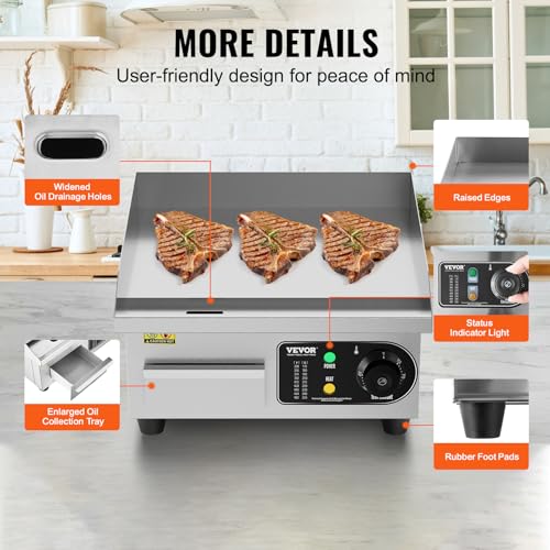 Image of VEVOR Commercial Electric Griddle, 1700W Countertop Flat Top Grill, 14in Stainless Steel Griddle Grill with 2 Shovels and 2 Brushes for Home or Restaurant, 122℉-572 ℉ Adjustable Temp