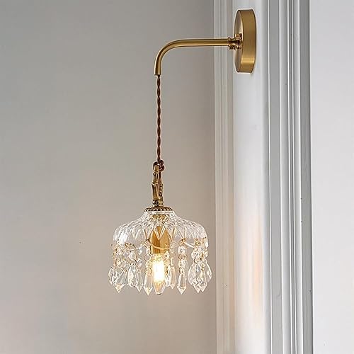 Aplique de pared de cristal dorado con interruptor E14 moderno lámpara de pared de cristal ajustable en altura ajustable para dormitorio, mesita de
