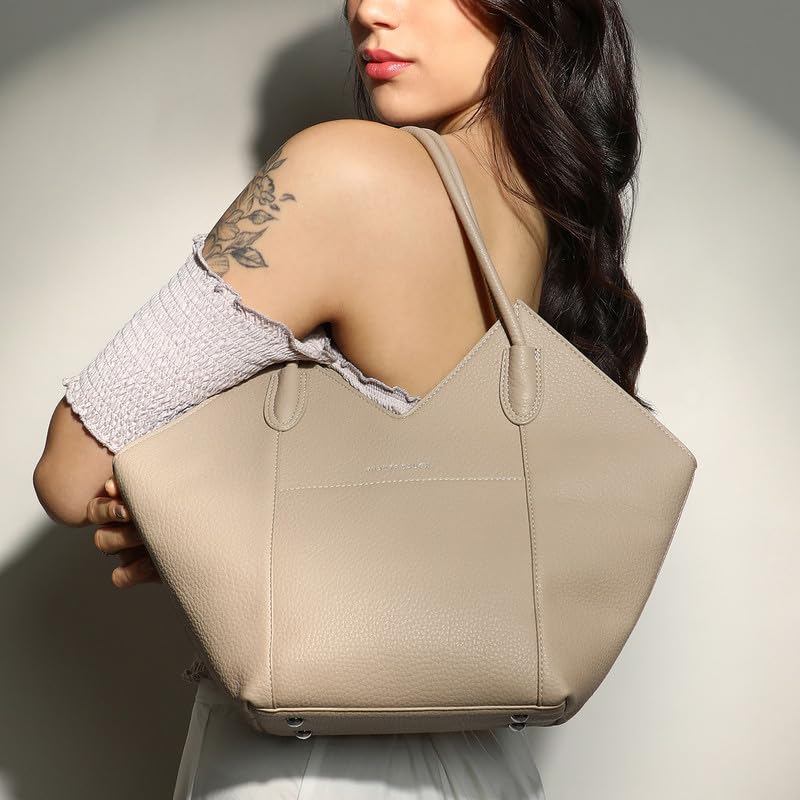 Image of Haute Sauce Women's The Pike Tote Bag For Casual Wear | Beige Colour | One-Size| Zipper Closure | Vegan Leather Material | Detachable Sling | Handbag For Woman & Girls