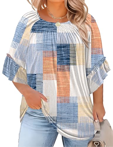 Image of Micoson Womens Plus Size Tops 3 /4 Ruffle Sleeve Crewneck Pleated Shirts