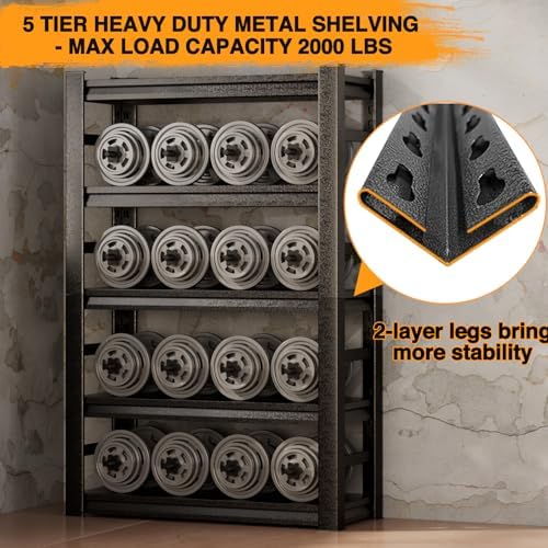 5-Tier Heavy Duty Garage Shelving - Adjustable Metal Shelf Rack, 31.5