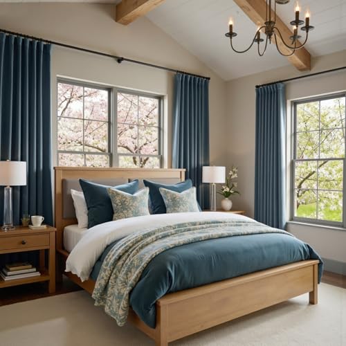 Image of Extra Long Dark Slate Velvet Curtains Back Tab 52x108 Inch 2 Panels | Blackout, Lined, Soft Velvet, For Tall Windows & High Ceilings, Light Shifting Texture, Elegant Luxury Drape, Serene