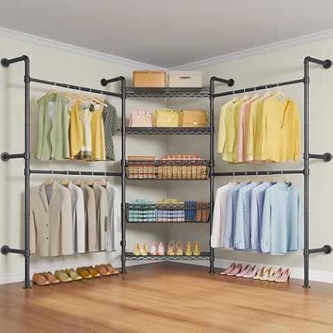 Timate X3i Expandable Clothes Rack Wall Mounted Closet System for Walk in Closet, Industrial Heavy Duty Clothing Rack with Storage Baskets L Shaped Garment Rack, Adjustable from 5'10" to 8'3", Black Cover
