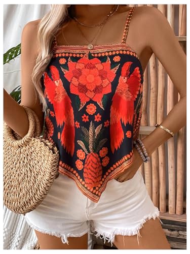 Milumia Women's Boho Floral Hanky Hem Cami Top Vintage Spaghetti Strap Bandana Tops3