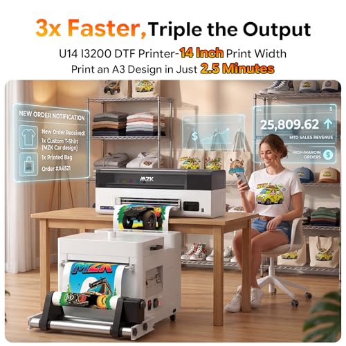 Image of MZK 14'' A3 Plus DTF Printer with I3200 HD printhead,One-Click Printhead Moisturizing,Auto-Maintenance Cleaning,Smart Touchscreen,Ink Anti-Cloged Desig,3X Speed Compared to L1800,2-Year Ink Included