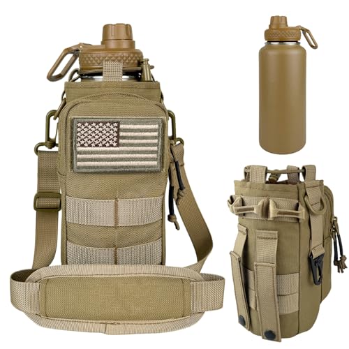 Image of 32 oz Insulated Water Bottle with Sleeve - Tactical Stainless Steel Metal Water Jug, Wide Mouth Gym Water Bottles for Men Sports Workout Hiking with Pouch Khaki