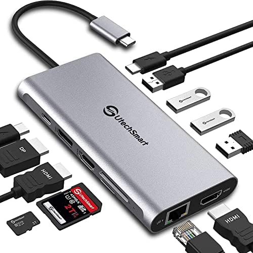 Stacja dokująca, UtechSmart12 w 1 Hub USB C z 2 HDMI, 1*DisplayPort, Typ C PD, 4 porty USB, Gigablit Ethernet, czytnik kart SD/TF kompatybilny z MacBook Pro i innymi urządzeniami Typu C