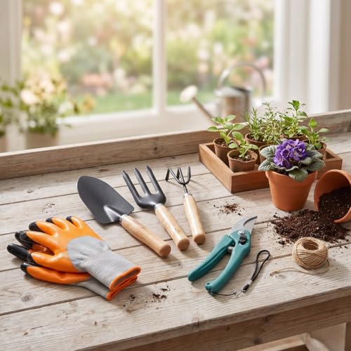 Image of 5 Piece Gardening Tool Set |Wooden Handle Hand Cultivator, Trowel, Garden Fork, Pruner with Flower Cutter and Gloves