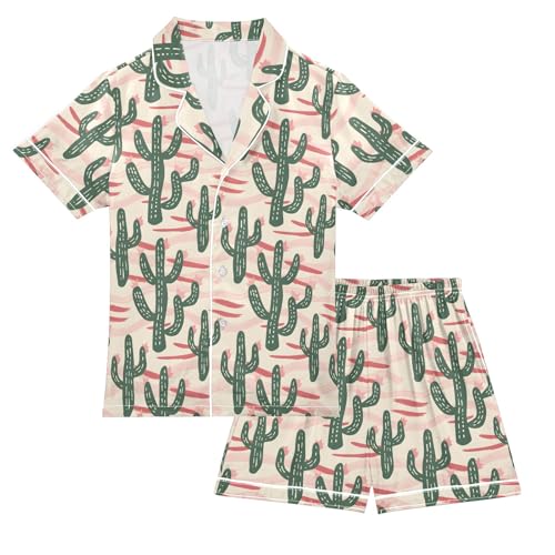 Cartoon Simple Cactus Summer Satin Pajama Set, Cute Button-Down Sleepwear Pj Set for Sleep Wears