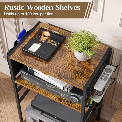 4-Tier AV Media Stand,Game Console Stand with 4 Hooks and Fabric Bags,DVD Shelf,Media Storage Cabinet,Audio Rack Record Player Stand Small Entertainment Center for Home Dorm, Apartment - Image 6