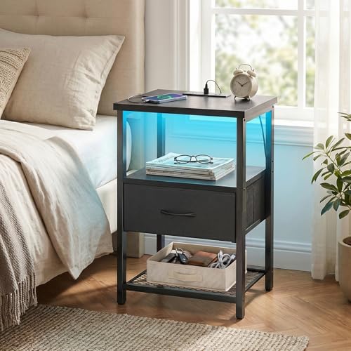 Image of Fixwal Night Stand with Charging Station, LED Nightstand Side Table with Fabric Drawers PU Finish, End Tables Bedroom, Bedside Table, Black