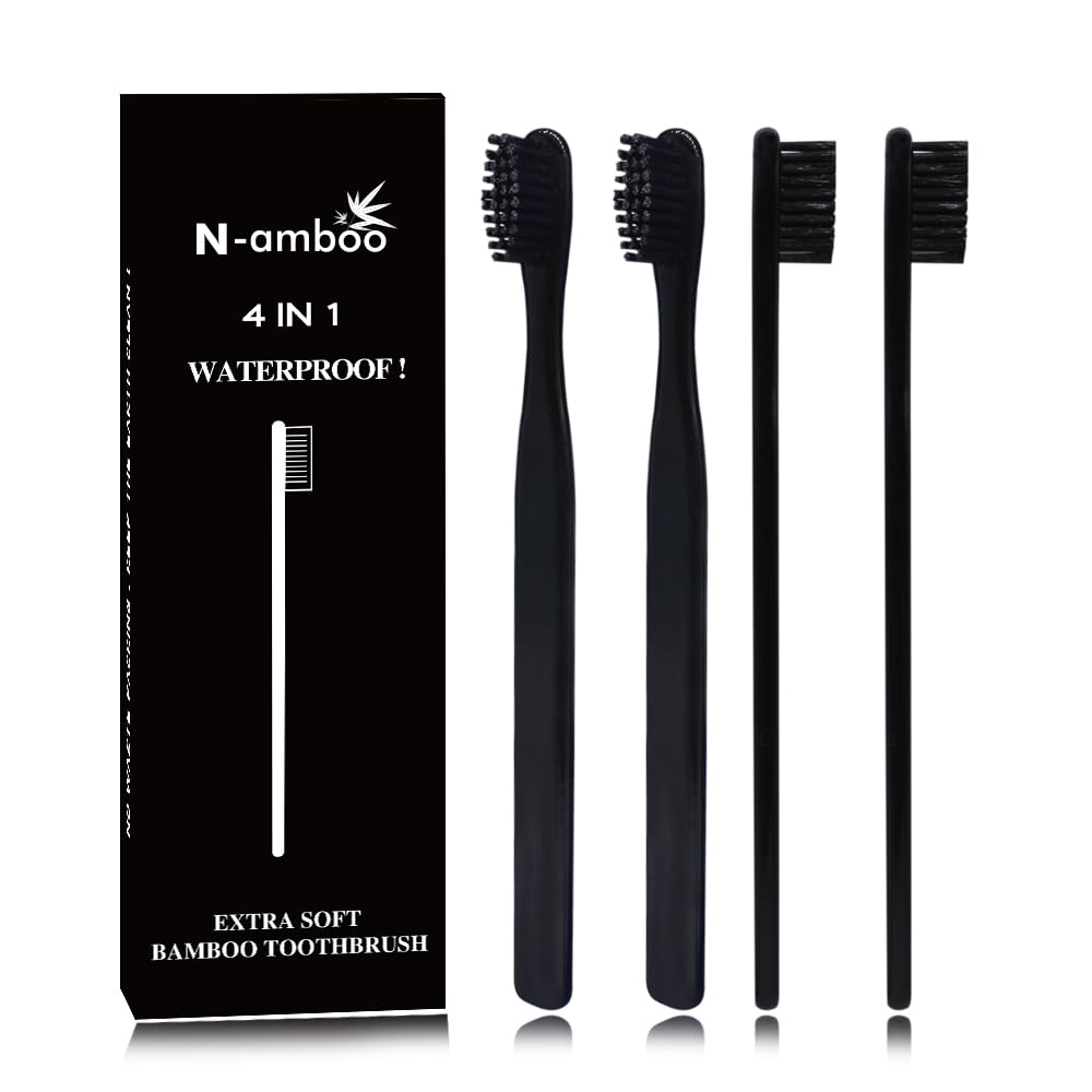N-amboo Bamboo Toothbrush Soft Bristles Manual Adult Toothbrush Pack of 4 Painted Black