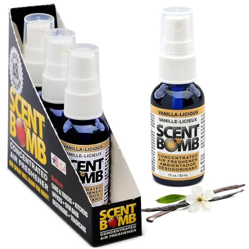 Image of Scent Bomb Air Freshener Spray, Long-Lasting Odor Eliminator - Effective Deodorizer for Home & Car, Fresh Room Spray for Kitchen, Bathroom & Smell Neutralizer - 1 oz Pack of 4, Vanilla-liscious Scent