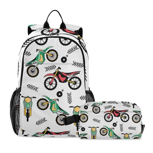 Motocross Sport Backpack with Lunch Bag, School Travel Backpack for Teens Boys Girls Kids Backpacks Set