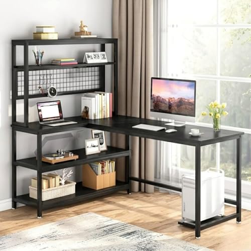 Image of L Shaped Table | Wooden Office Table with Bookshelf | Computer Desk with Storage Shelves for Home & Office | Modern Workstation Desk for Laptop, Study & Work from Home Setup | Black | 140x50x150 cm