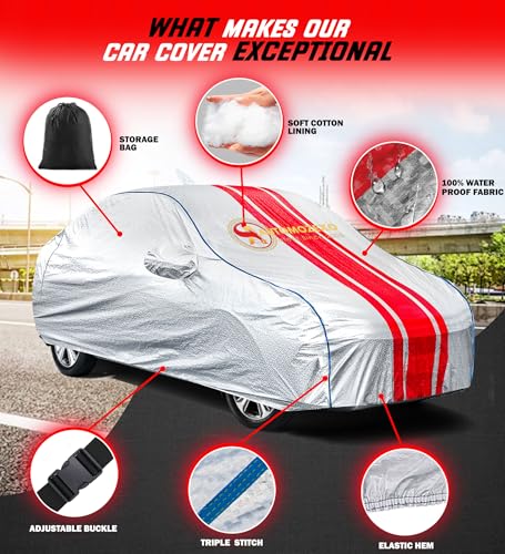Image of XUV 300 100% Waterproof Car Cover for All Weather Protection with Mirror & Antena Pocket Inner Cotton Triple Stitched Cover with Adjustable Belt Bottom Elastic to Secure Fit- SRED