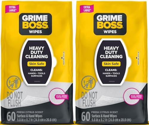 Image of Grime Boss Heavy Duty Surface and Hand Wipes (2x60ct) | Remove Paint, Oil, Grease, Adhesives, Mud, Dirt | Workshop Replace Cleaners like Rags, Towels, Pumice, Soap