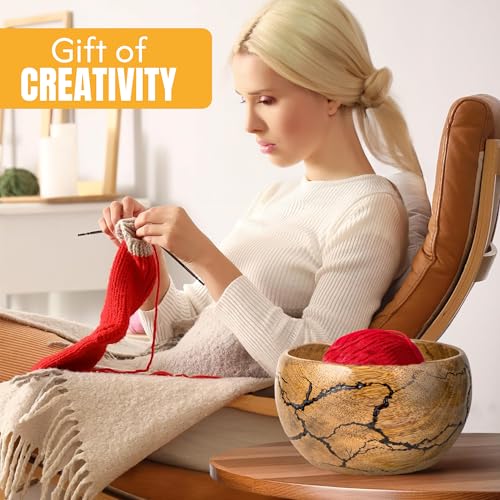 Image of Mangowood Yarn Bowl for Crocheting, Large 7x4 inch Cute Crochet Wooden Yarn Holder & Knitting Gadgets Supplies, Gifts for crocheters Handmade Bowl with Fractal Burning & Black Resin Inlay (M-Black)