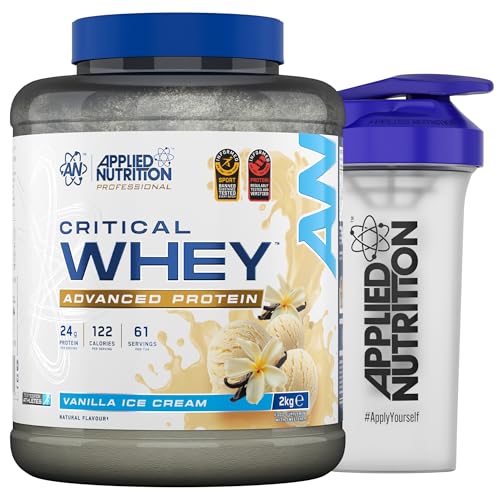 Applied Nutrition Critical Whey Protein Powder 2kg + Plastic Shaker - High Protein Powder, Muscle Building Supplement with BCAAs & Glutamine (2kg - 61 Servings) (Vanilla Ice Cream)